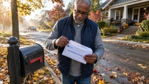 Man standing by a curbside mailbox opening an Annual Notice of Change envelope on an autumn suburban street.