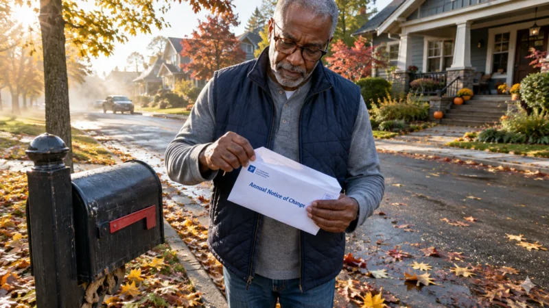Man standing by a curbside mailbox opening an Annual Notice of Change envelope on an autumn suburban street.
