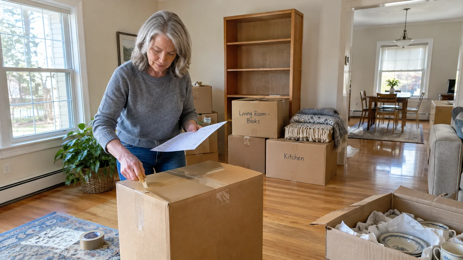 A woman reviews a checklist while packing cardboard moving boxes in a bright living room.
