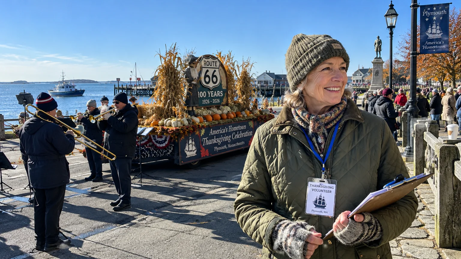 A smiling woman wearing a volunteer badge and beanie holds a clipboard near a Thanksgiving parade float along a waterfront.