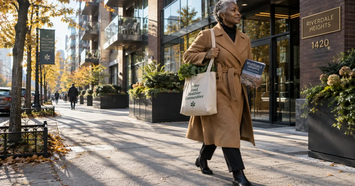 A woman in a tan coat carries a tote bag of groceries along a sunny city sidewalk outside an apartment building.