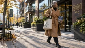 A woman in a tan coat carries a tote bag of groceries along a sunny city sidewalk outside an apartment building.