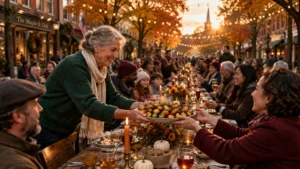 People of various ages sit along a long outdoor dining table in a festive town street during sunset.