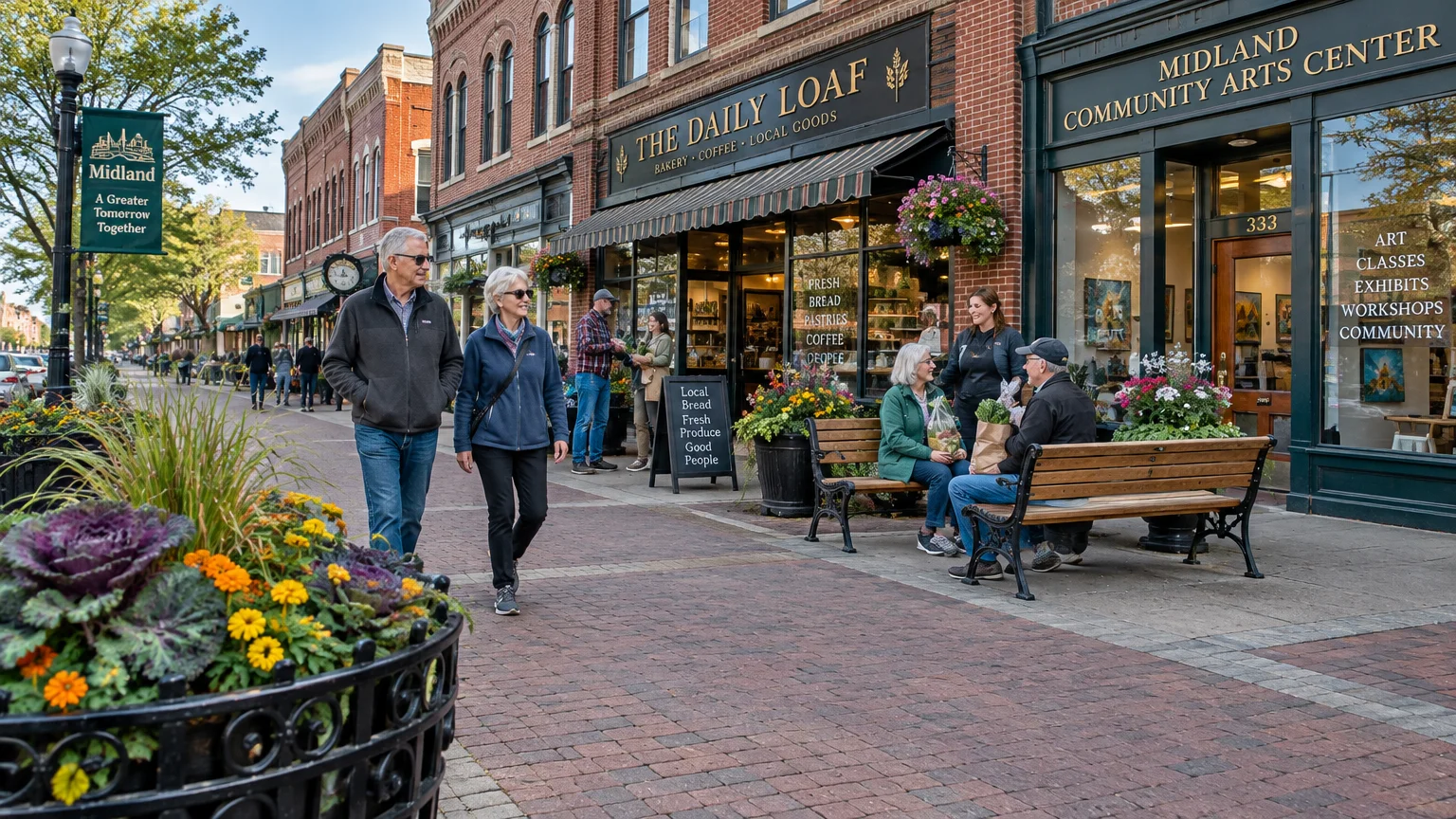 Pedestrians stroll along a brick sidewalk lined with storefronts, flower planters, and benches in downtown Midland.