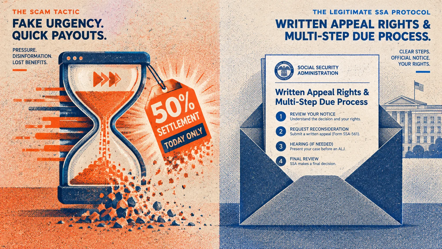 Split illustration contrasting an urgent hourglass with a discount tag against an official letter detailing SSA appeal rights.
