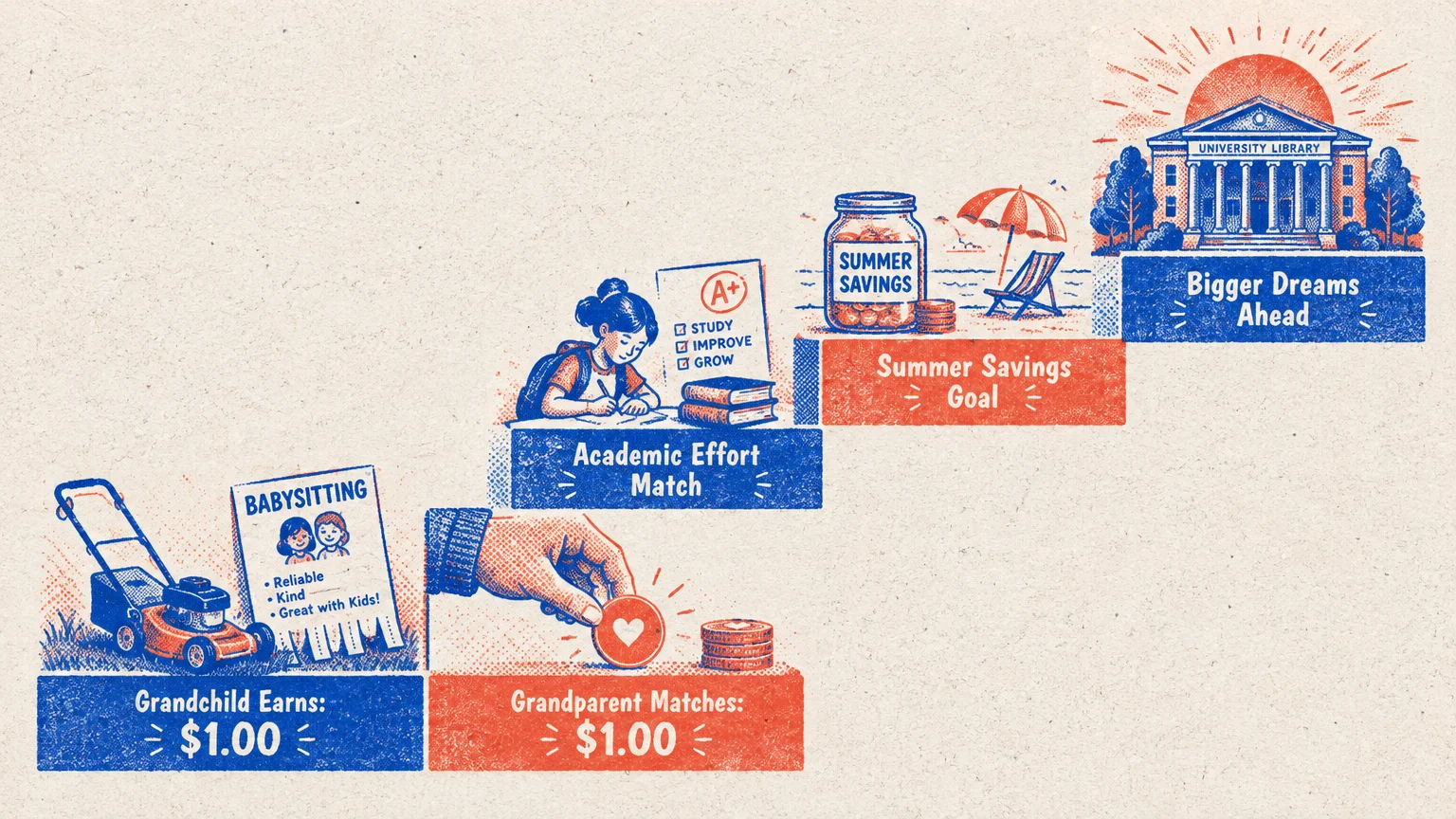 Illustrated steps from earning money to matching savings and academics, leading up to a university library.
