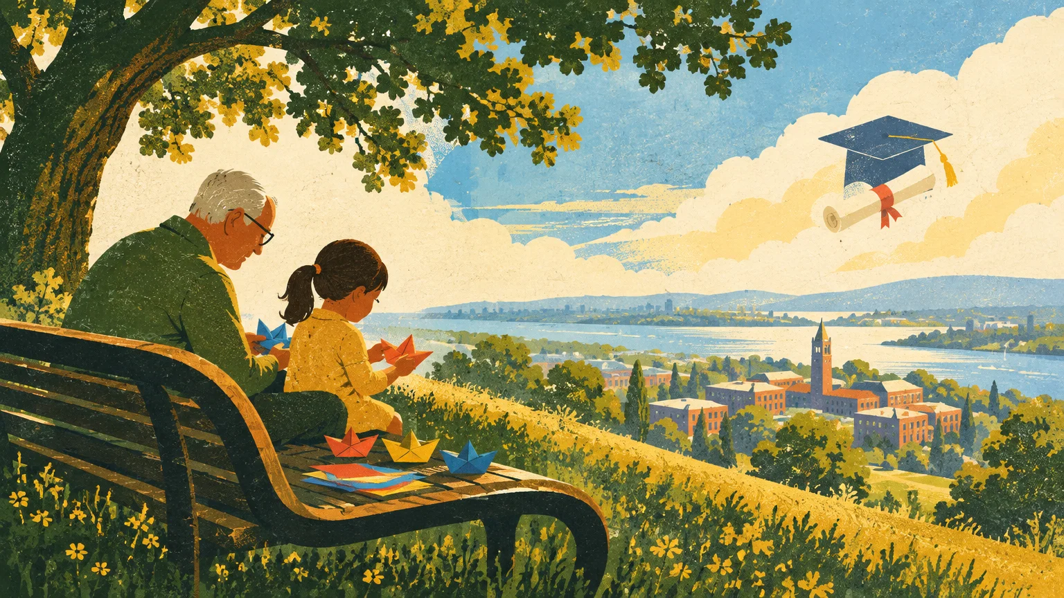 Illustration of an older man and young girl folding paper boats on a park bench overlooking a distant campus.