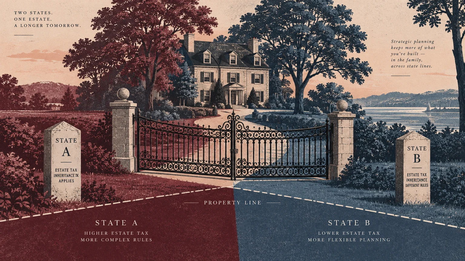 Split illustration of an estate home behind iron gates divided between State A and State B along a property line.