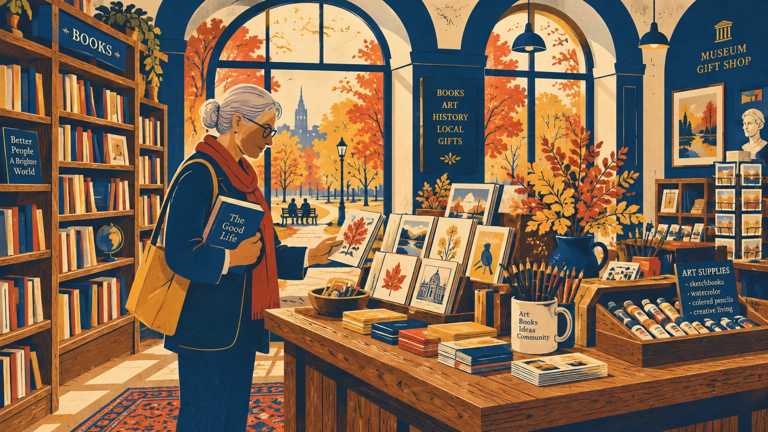 Illustration of an older woman browsing books and art prints in a brightly lit bookstore and museum gift shop.