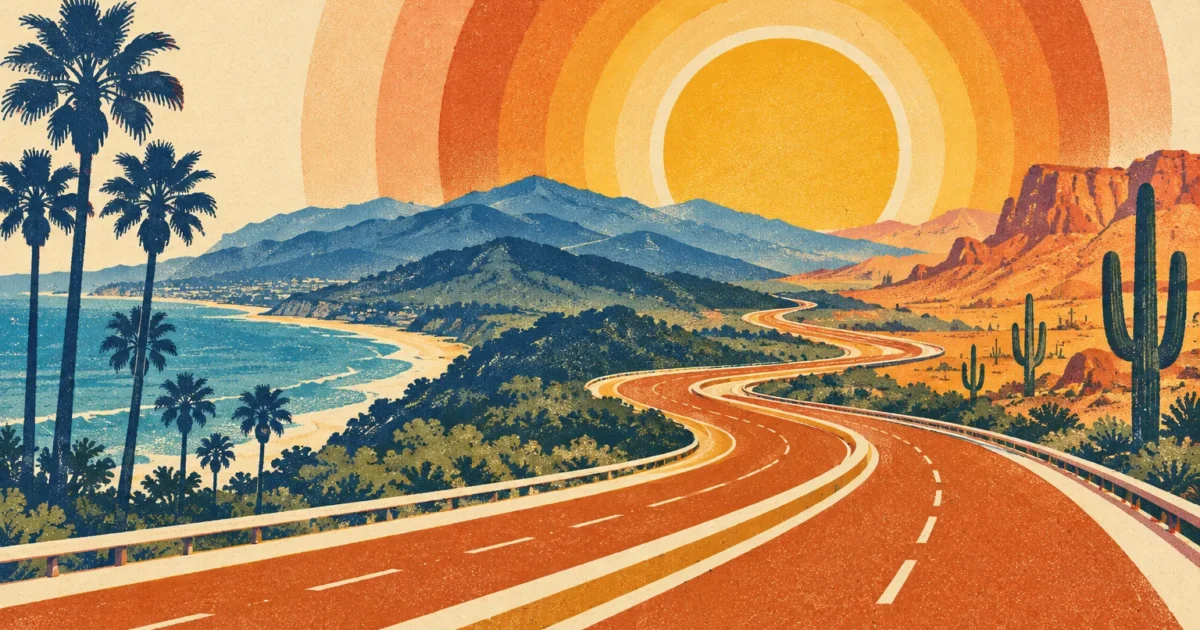 Retro illustration of a winding highway dividing a coastal landscape with palm trees and a desert with saguaro cacti.