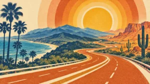 Retro illustration of a winding highway dividing a coastal landscape with palm trees and a desert with saguaro cacti.