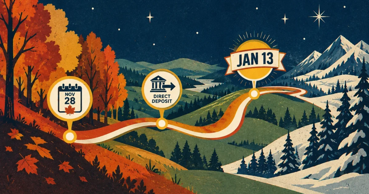 Winding road through autumn and winter landscape with timeline icons for Nov 28, Direct Deposit, and Jan 13.
