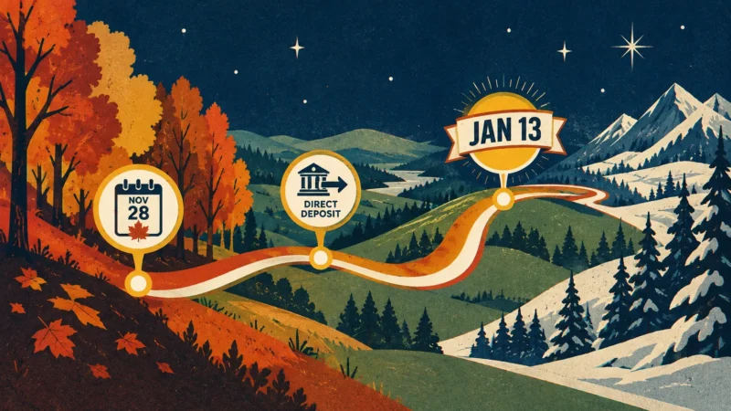 Winding road through autumn and winter landscape with timeline icons for Nov 28, Direct Deposit, and Jan 13.