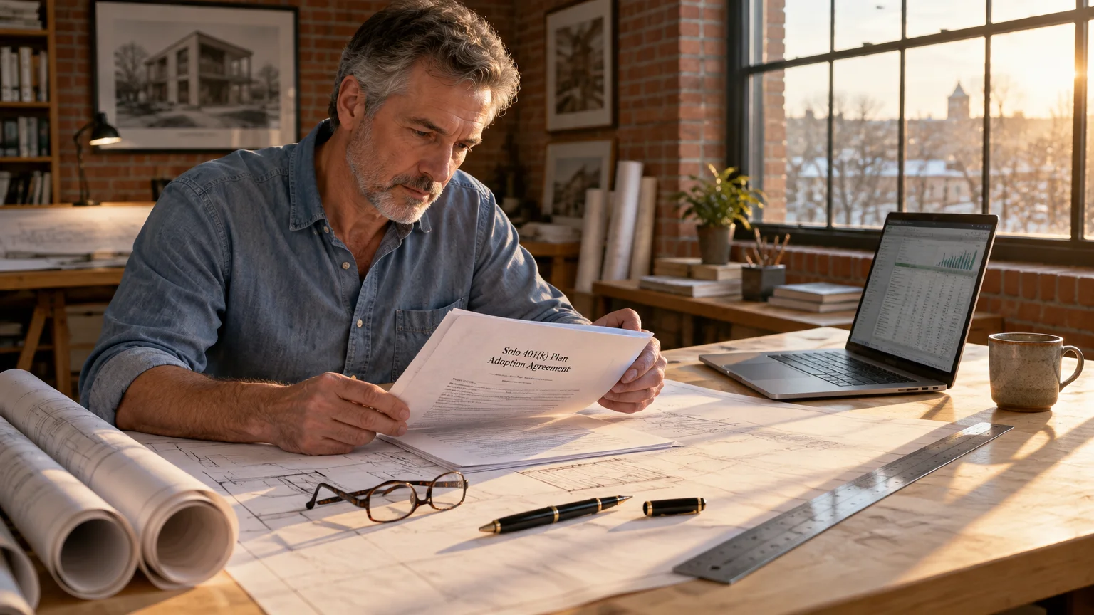 A mature man at a wooden studio desk reviews a document titled Solo 401(k) Plan Adoption Agreement beside a laptop.