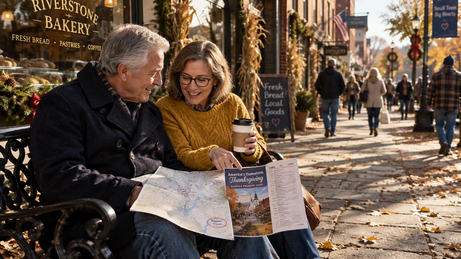 Mature couple sitting on a bench outside a bakery looking at a Thanksgiving town map on a sunny autumn sidewalk.