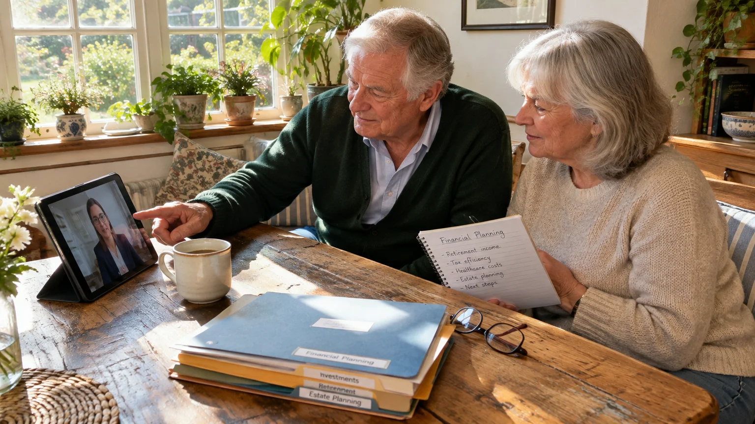 Older couple seated at a wooden table having a video call on a tablet with an advisor, holding notes and folders.