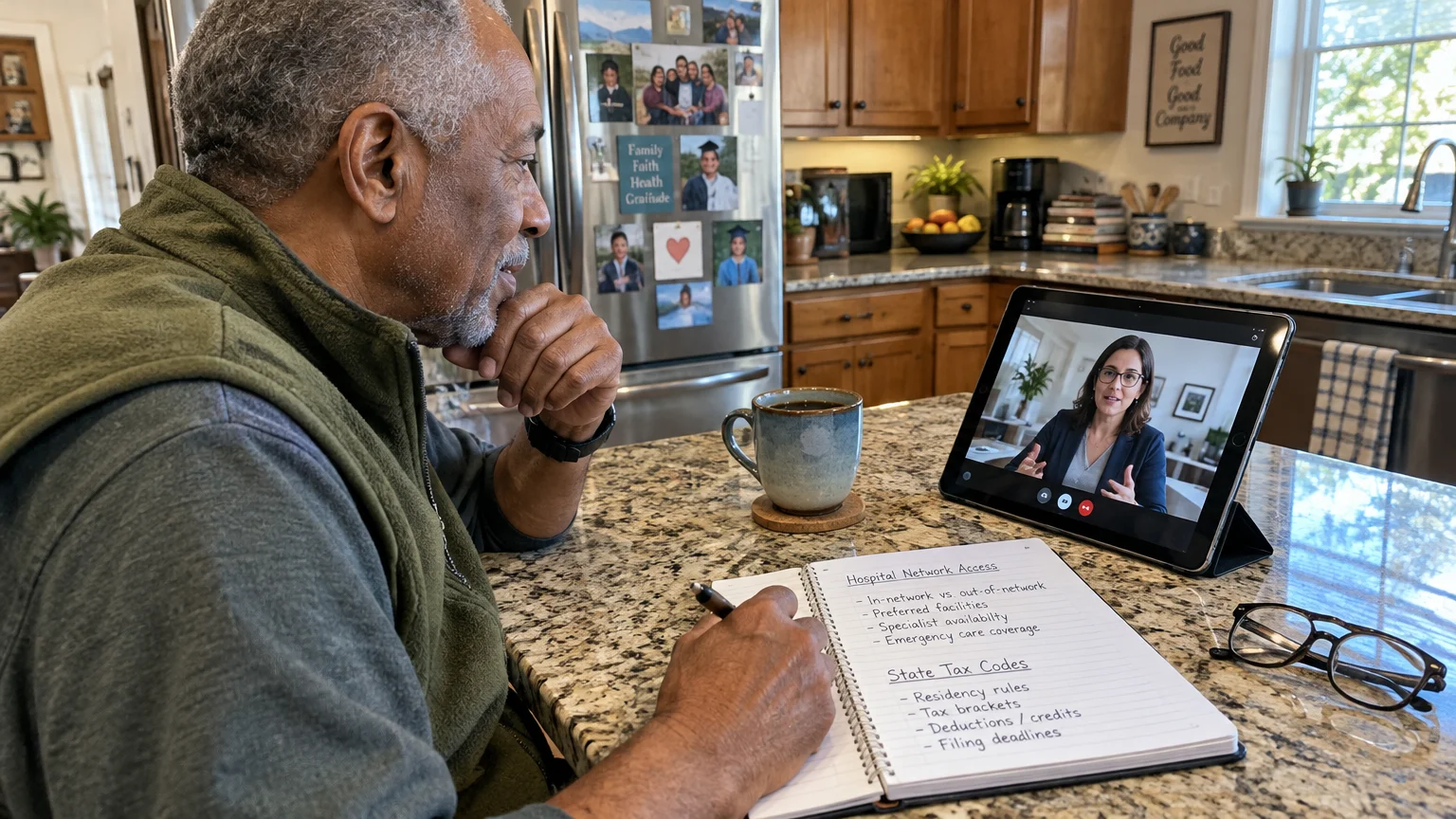Older man taking notes in a kitchen during a video consultation on a tablet.