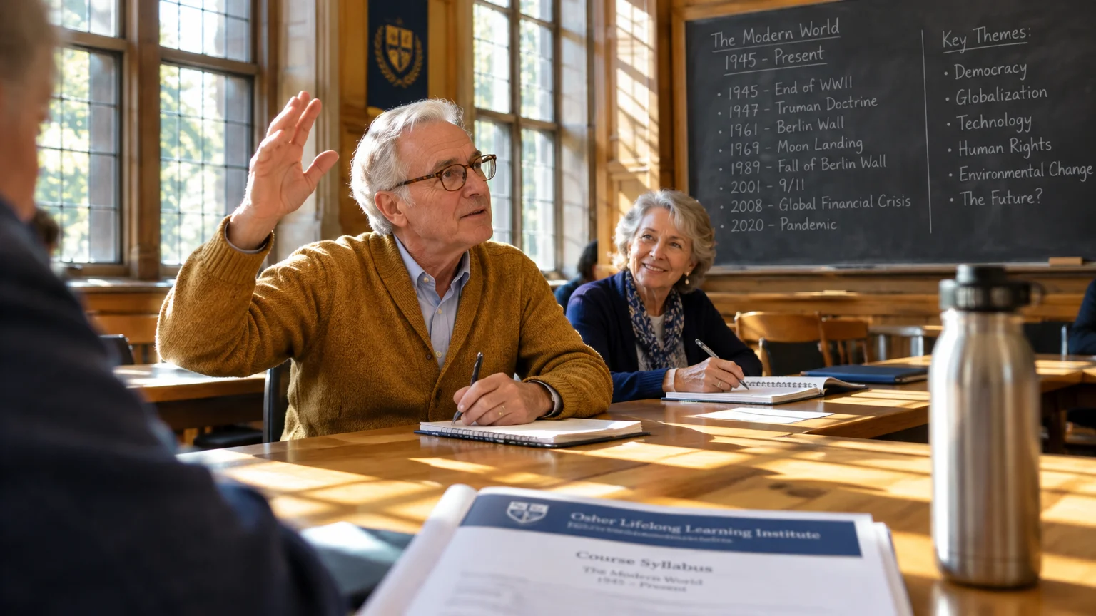 Senior adults sit at wooden classroom tables; an older man raises his hand during a lecture in front of a chalkboard.
