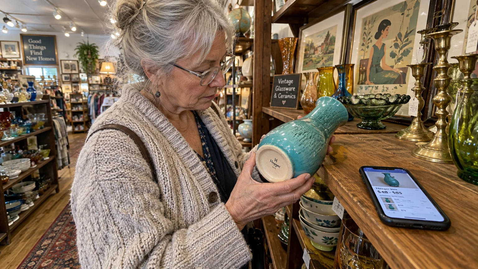A senior woman in glasses inspects the maker's mark on a turquoise ceramic vase beside her smartphone in an antique shop.
