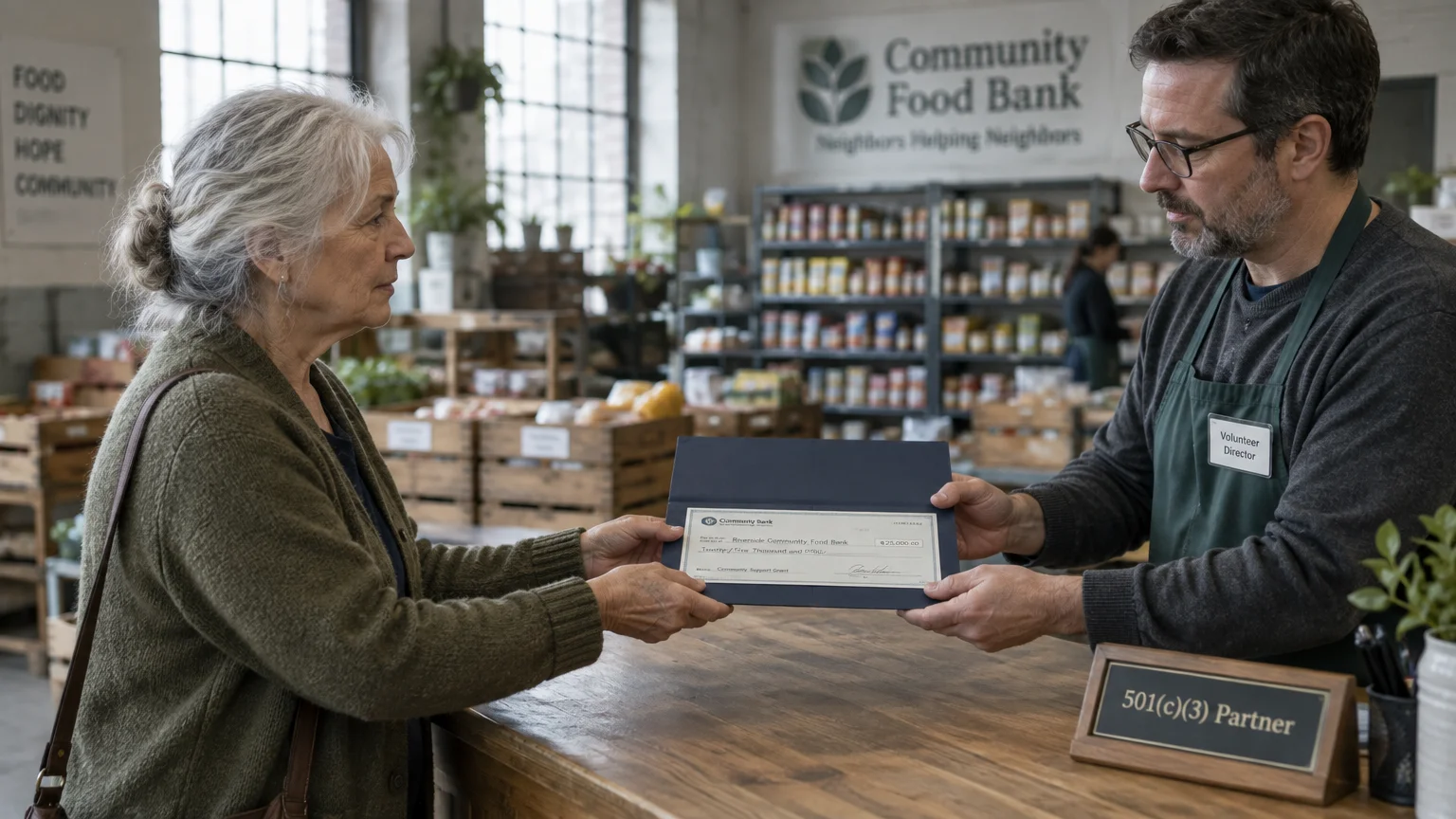 Senior woman handing a donation check to a food bank volunteer director across a counter in a pantry.