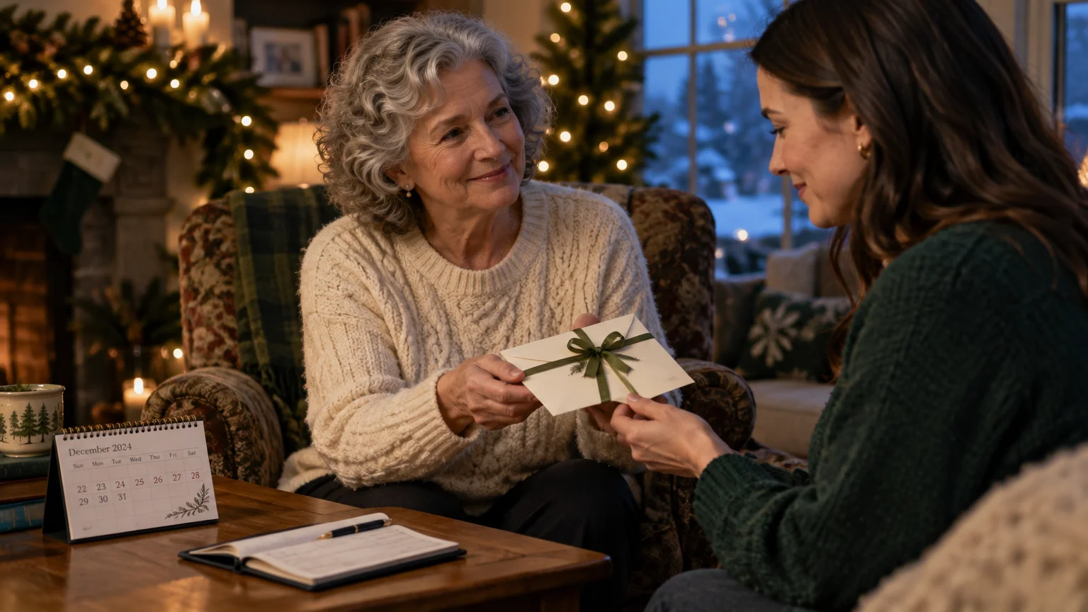 A senior woman hands a ribbon-tied envelope to a younger woman by a desk calendar and Christmas tree.
