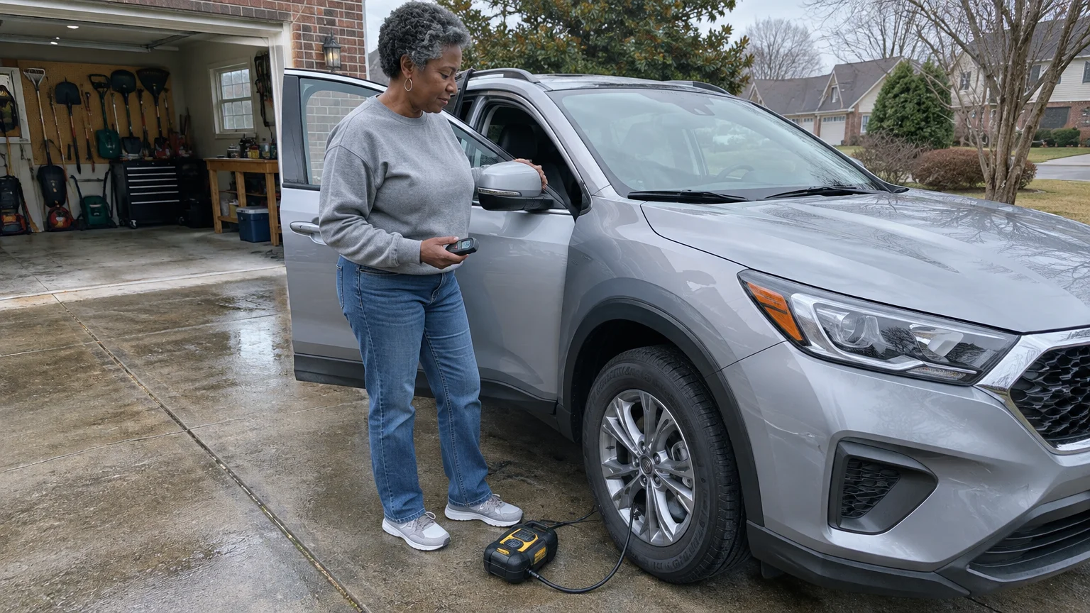 A woman inflates a silver car tire with a portable air pump on a driveway outside an open garage.