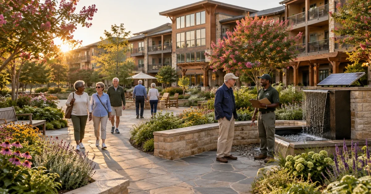 Seniors walk along a landscaped stone courtyard outside a modern multi-story residential building near a water fountain.