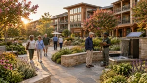Seniors walk along a landscaped stone courtyard outside a modern multi-story residential building near a water fountain.