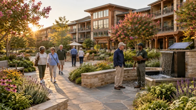 Seniors walk along a landscaped stone courtyard outside a modern multi-story residential building near a water fountain.