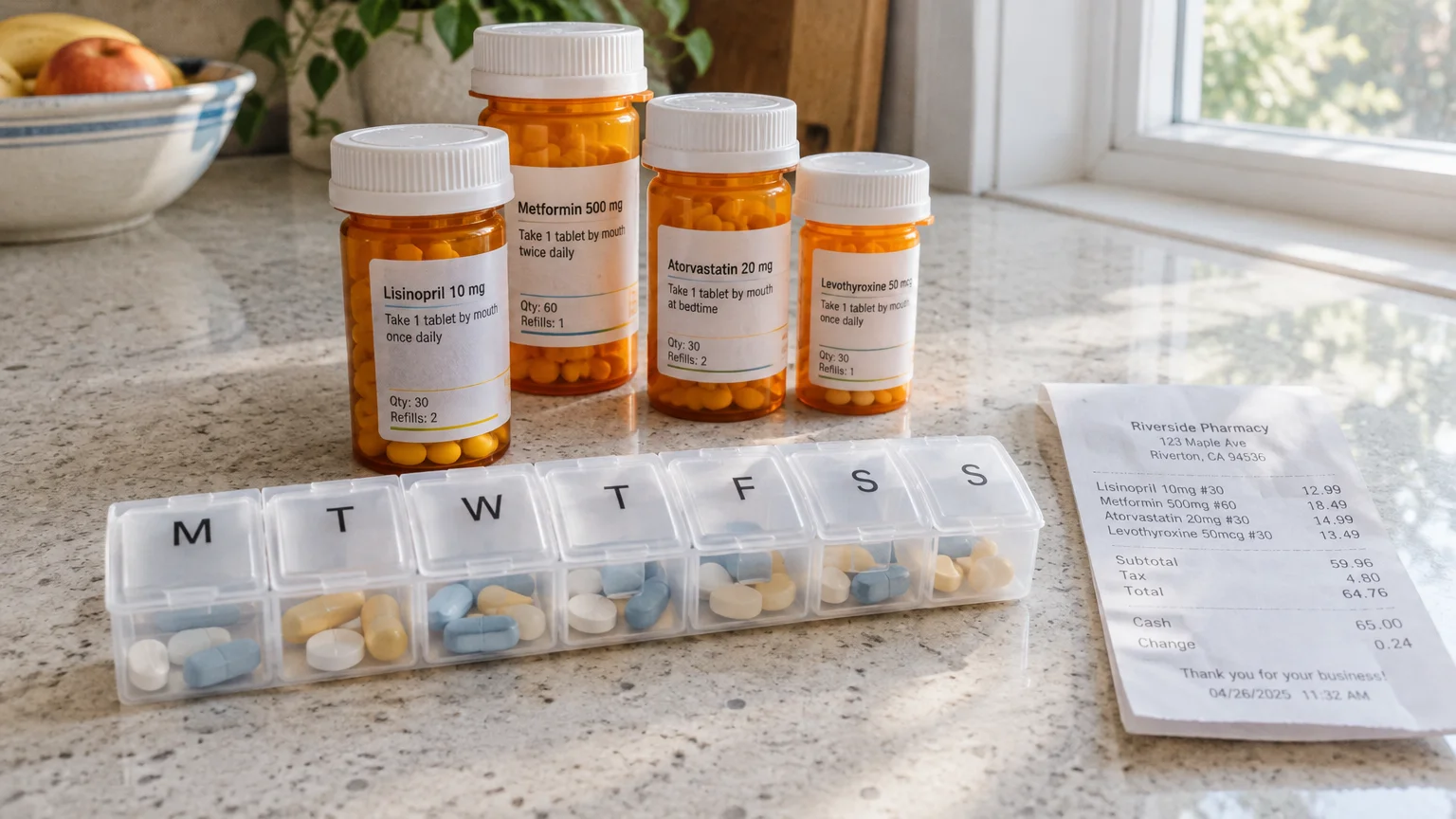 Four prescription pill bottles, a weekly pill organizer filled with tablets, and a pharmacy receipt on a kitchen counter.