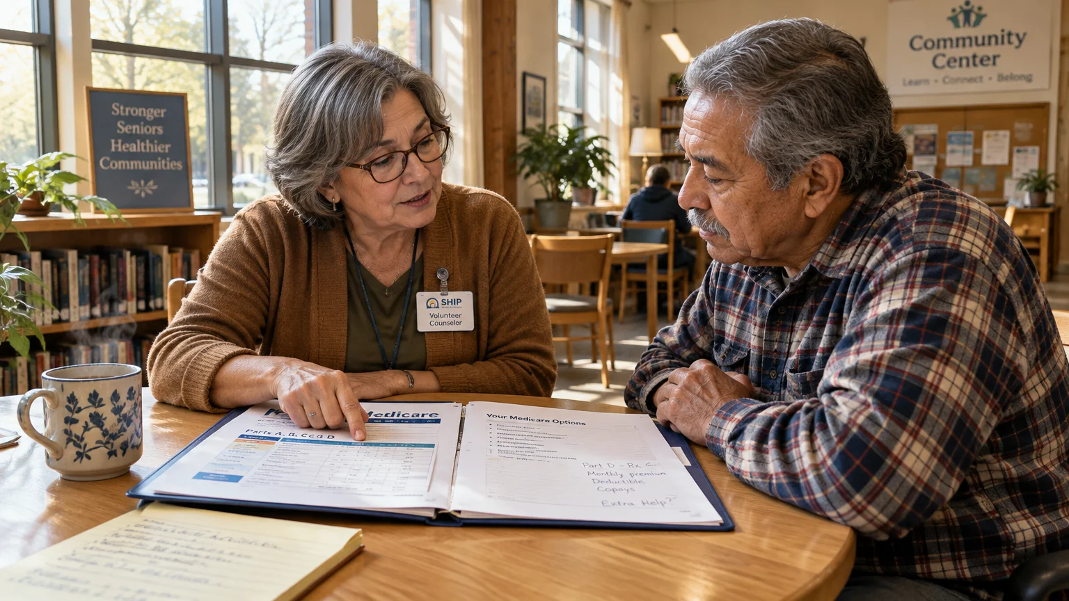 A female SHIP volunteer counselor reviews Medicare paperwork at a table with an older man in a community center.