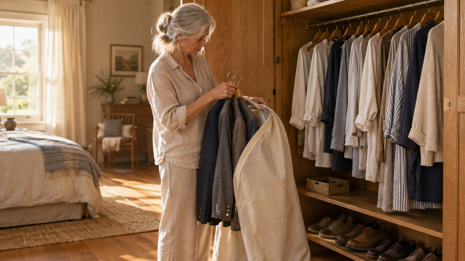 A senior woman in linen loungewear packs suits into a garment bag in front of an open wooden wardrobe.