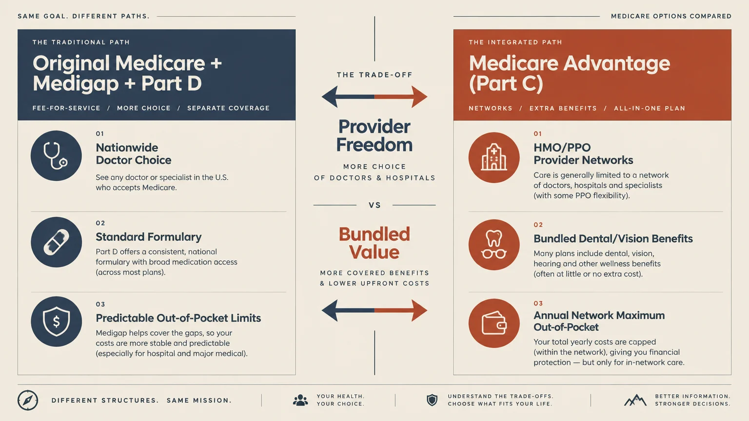 Side-by-side comparison chart illustrating trade-offs between Original Medicare with Medigap and Medicare Advantage.