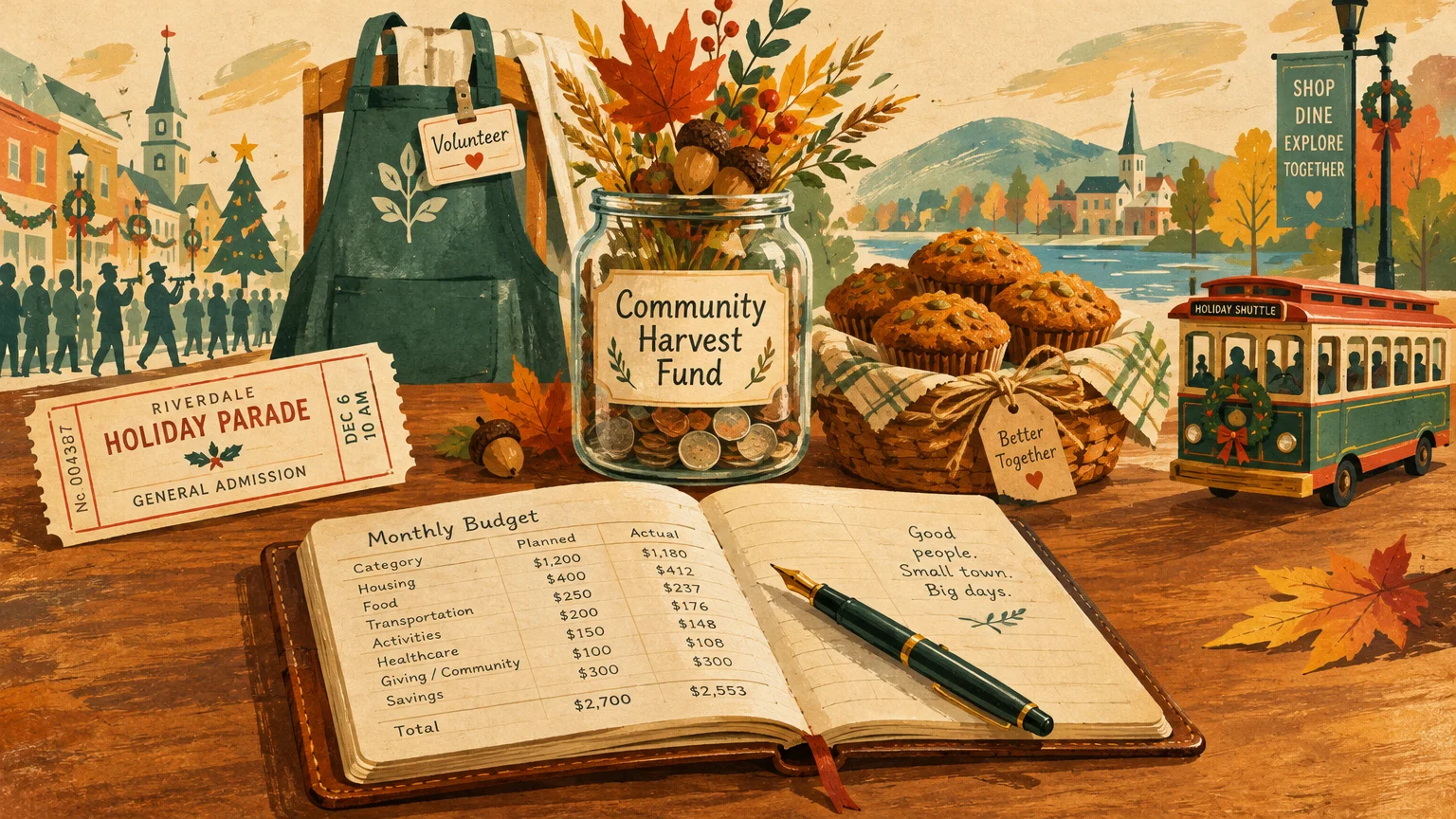 Illustration of a monthly budget ledger, donation jar, parade ticket, baked goods, and a holiday town scene.