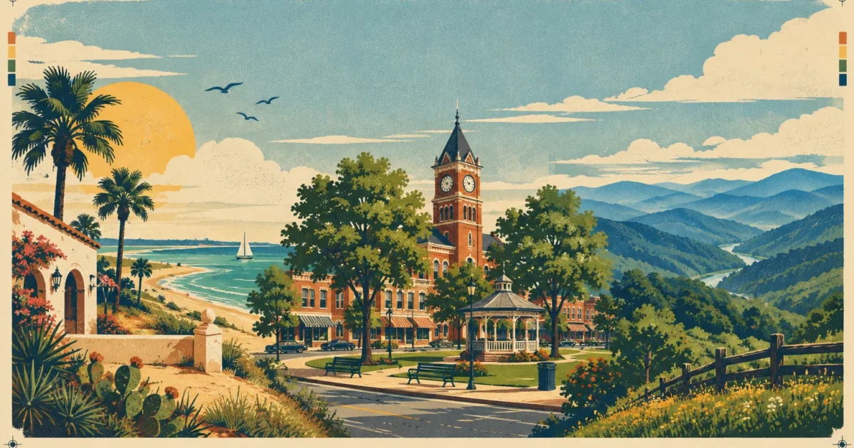 Screenprint illustration of a small town square with a clock tower and gazebo, flanked by a beach and green mountains.