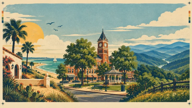 Screenprint illustration of a small town square with a clock tower and gazebo, flanked by a beach and green mountains.