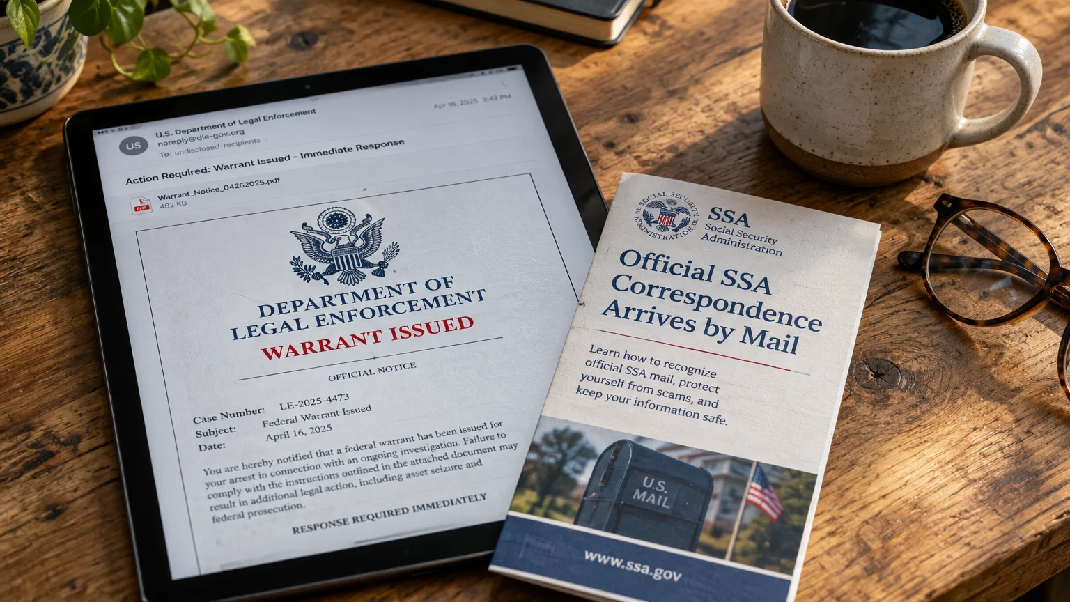 Tablet displaying a fake legal enforcement warrant email next to an official Social Security mail pamphlet and coffee mug.