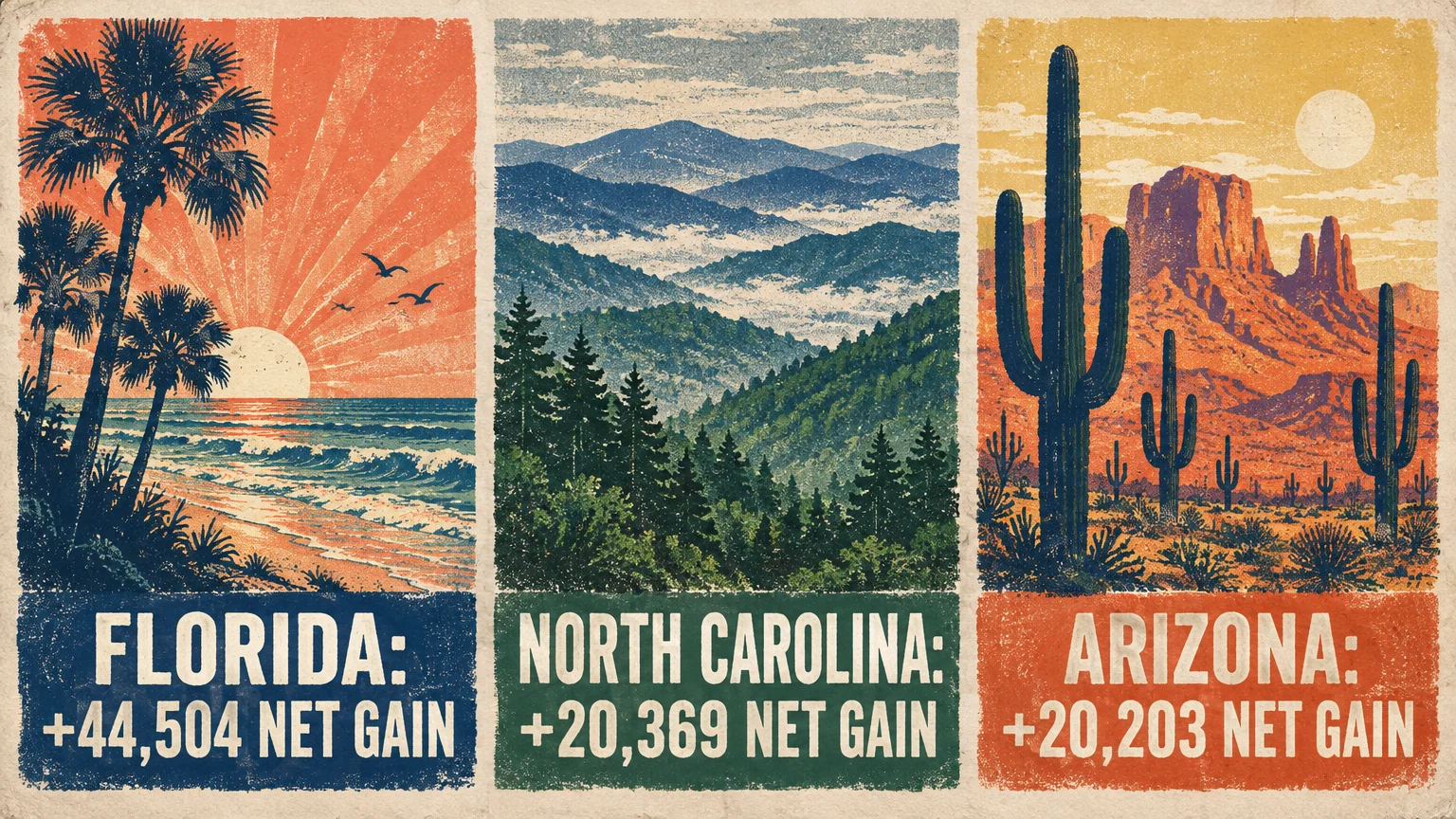 Vintage travel poster illustrations of Florida, North Carolina, and Arizona with retiree net gain statistics.