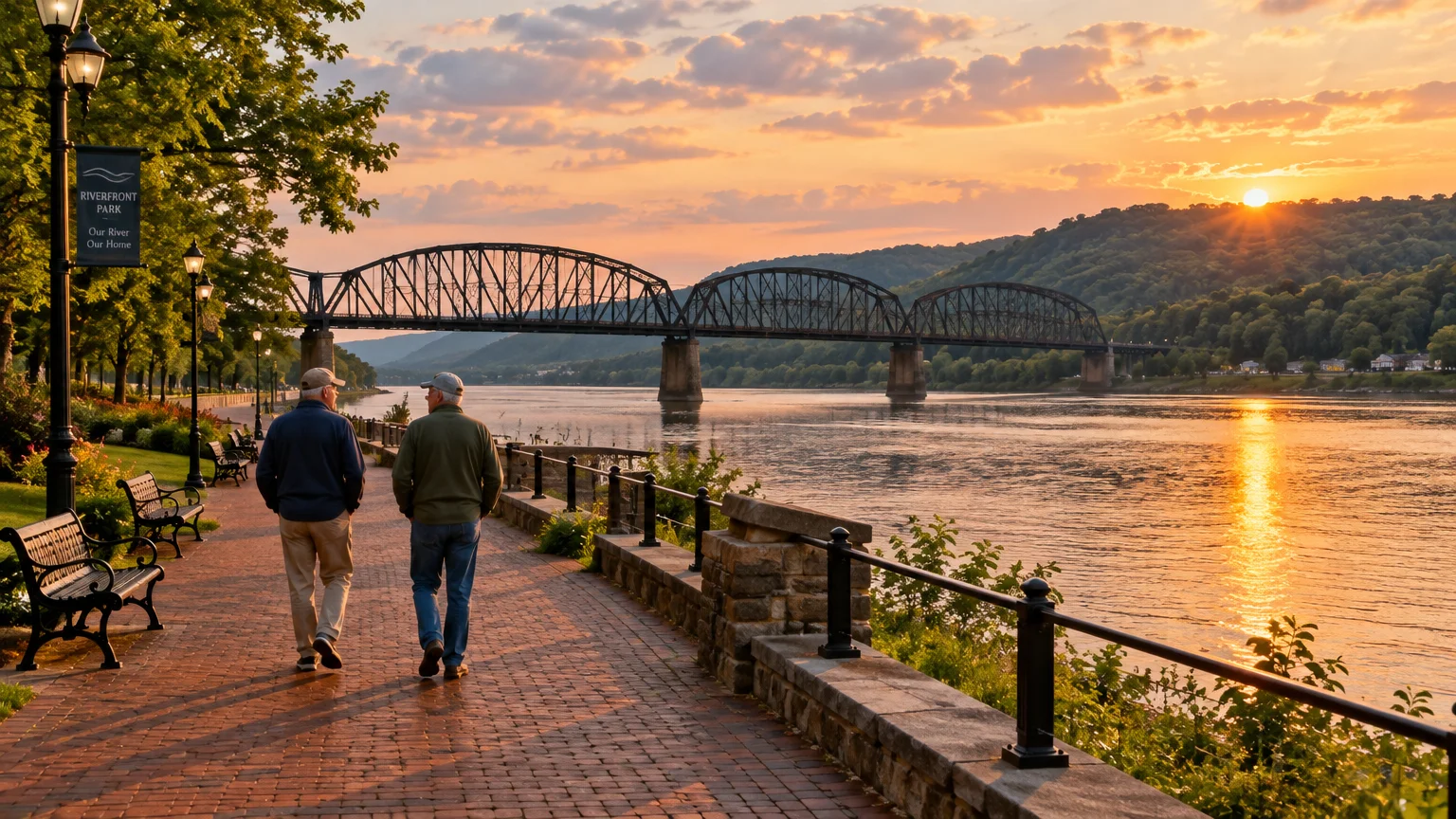 Two people walking along a brick riverfront promenade at sunset with a steel bridge spanning the water in the background.