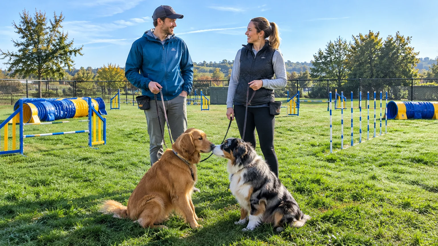 A man and woman stand on a grassy agility course holding leashes as their two dogs sit touching noses.