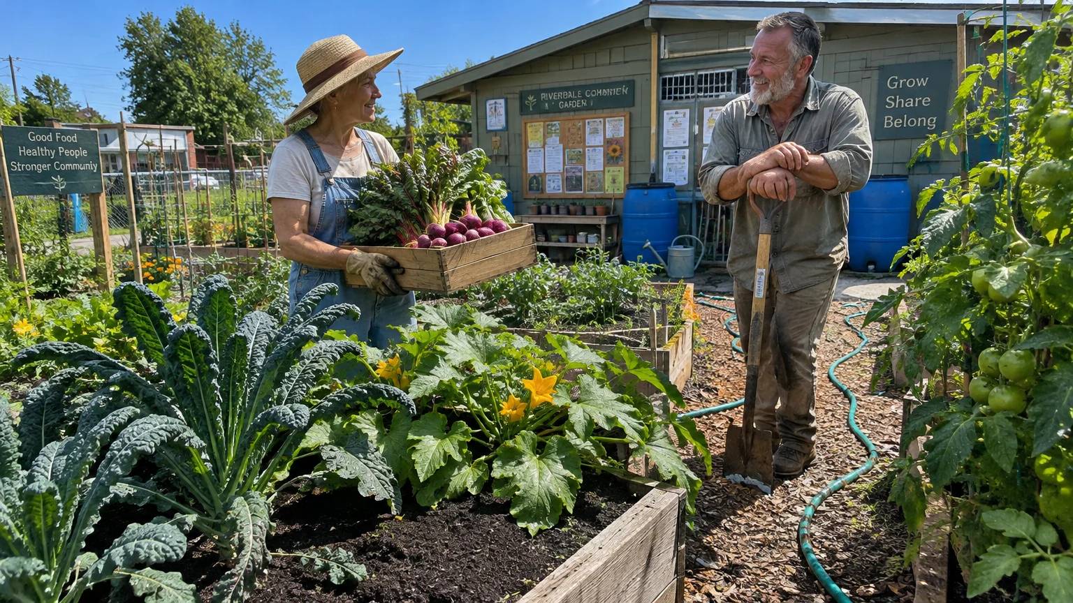 A smiling woman holds a crate of harvested beets while talking to a man leaning on a shovel in a community garden.