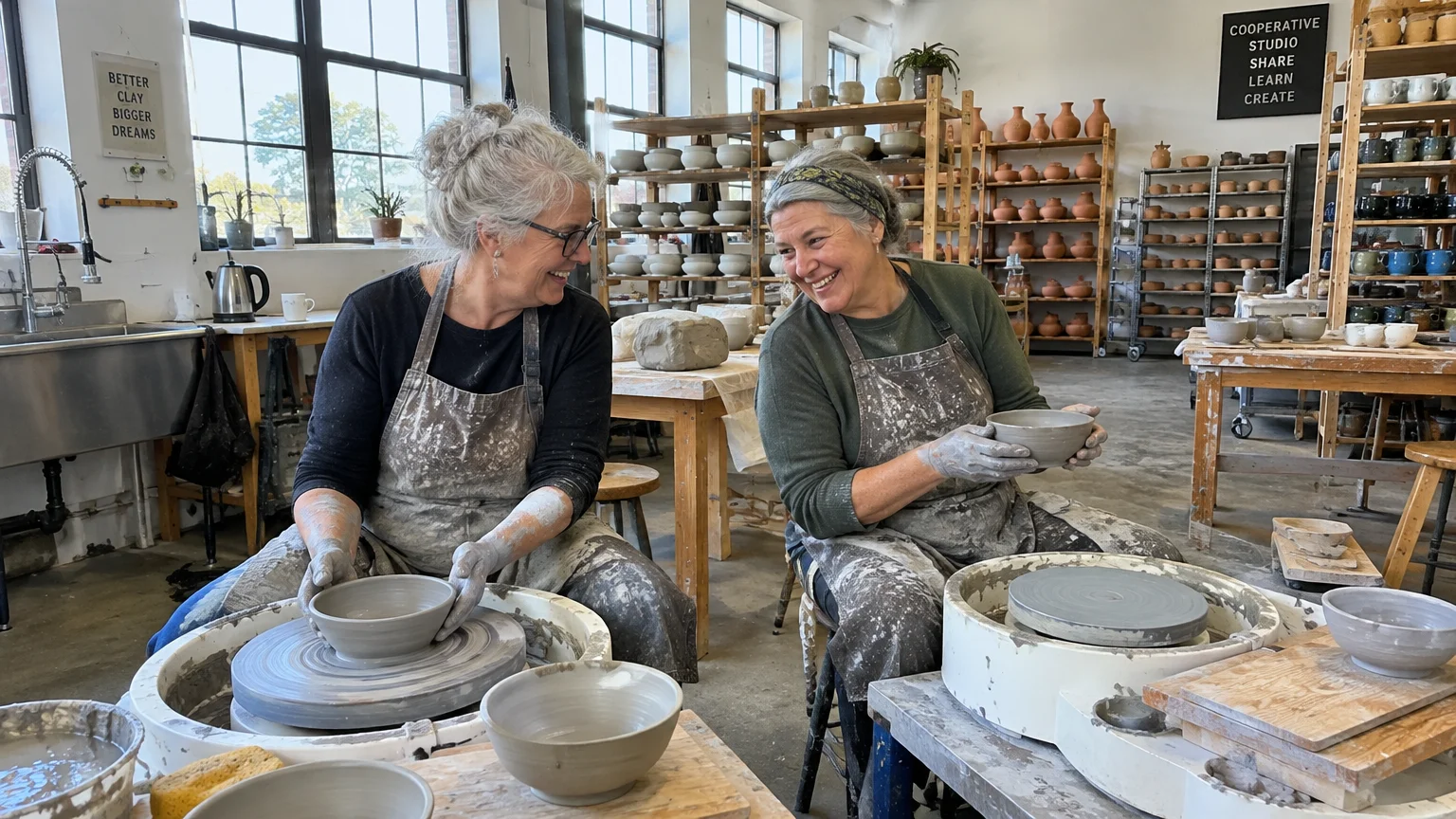 Two smiling women wearing clay-splattered aprons sit side by side shaping bowls at pottery wheels in a bright studio.