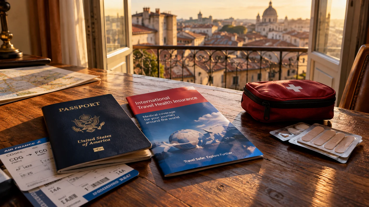 US passport, boarding pass, travel insurance booklet, and first aid kit on a table by a balcony overlooking a city.