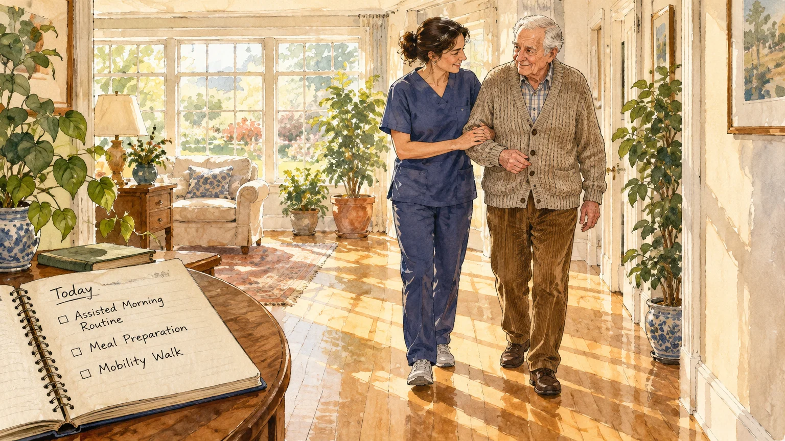 A caregiver in scrubs walks with an elderly man through a sunlit room, next to an open daily care logbook.