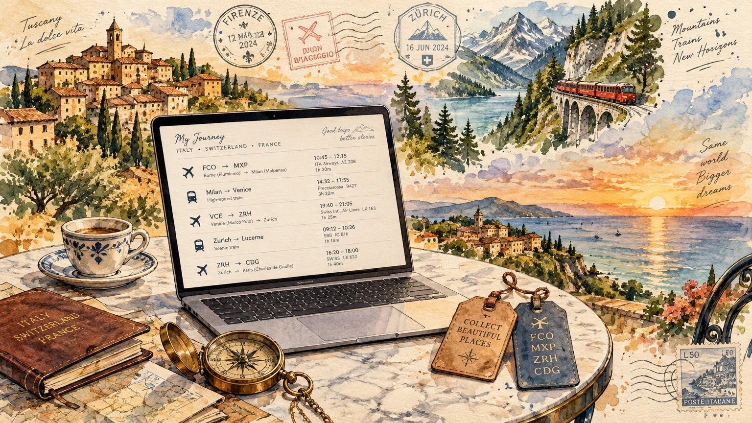 Watercolor illustration of a laptop showing an itinerary on a balcony table overlooking a coastal sunset landscape.