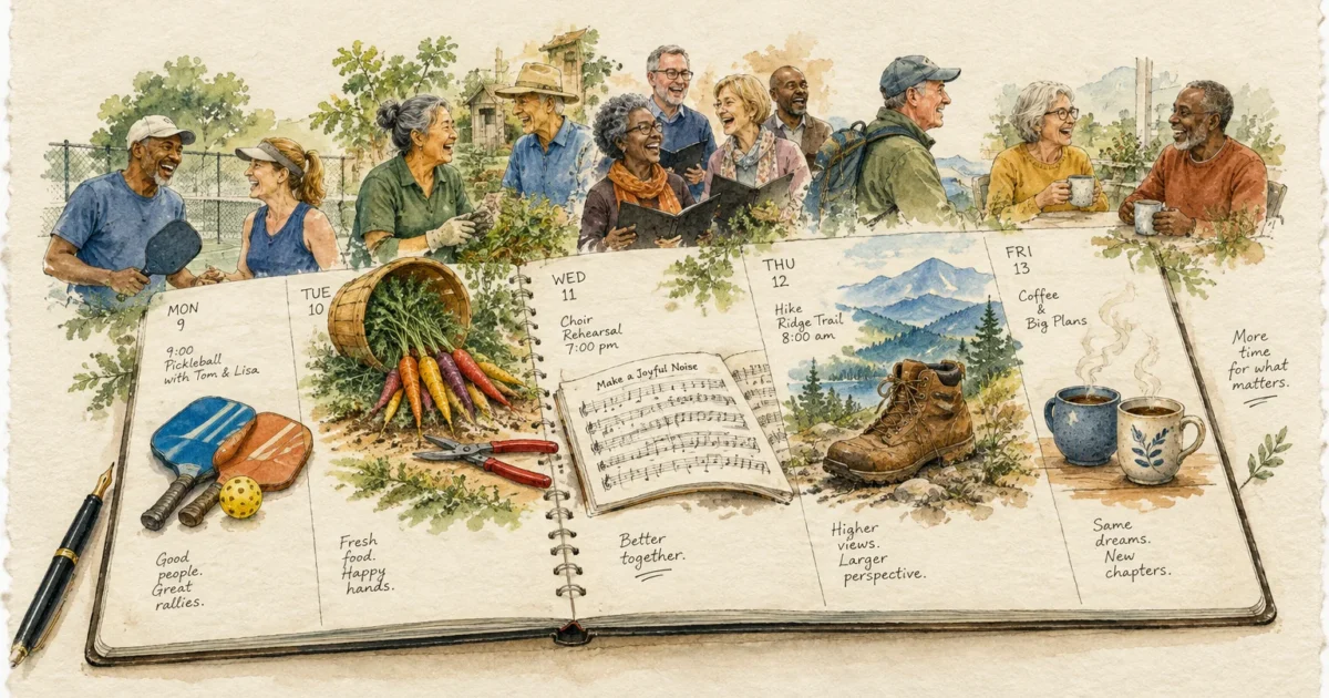 Watercolor illustration of an open weekly planner showing retirement activities like pickleball, gardening, choir, and hiking.