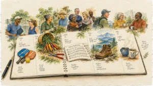 Watercolor illustration of an open weekly planner showing retirement activities like pickleball, gardening, choir, and hiking.