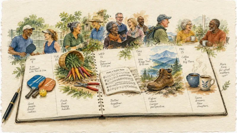 Watercolor illustration of an open weekly planner showing retirement activities like pickleball, gardening, choir, and hiking.