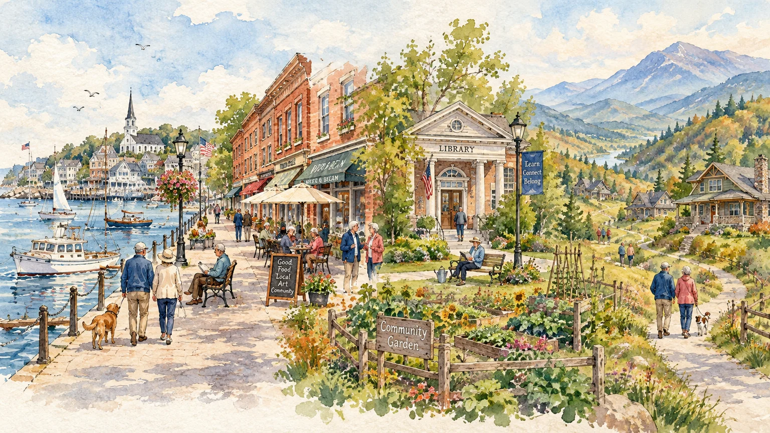 Watercolor illustration of a scenic town featuring a waterfront boardwalk, brick shops, a public library, and a garden.