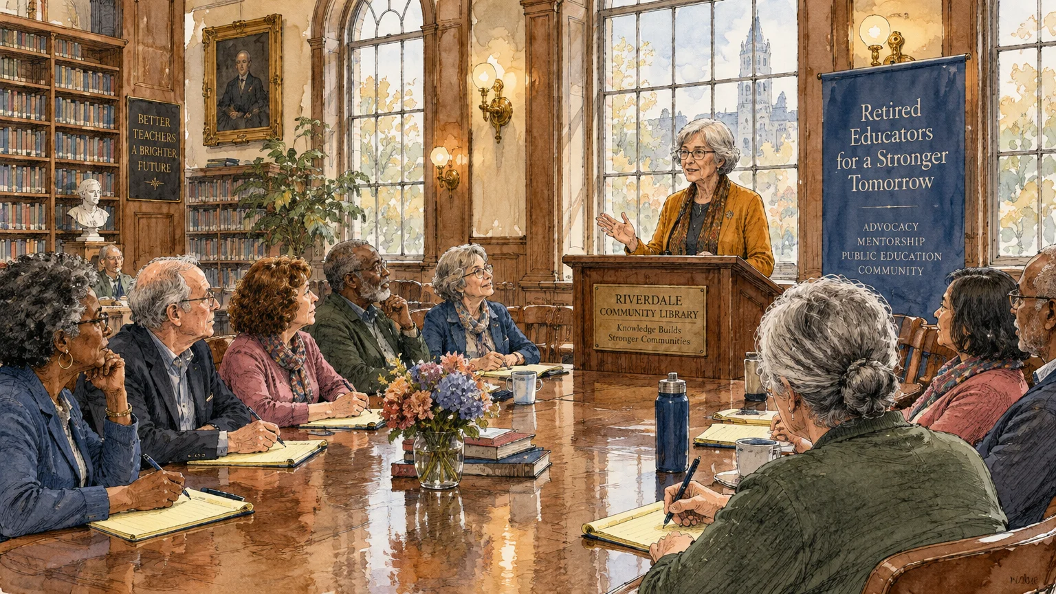 Illustration of an older woman speaking at a podium before a seated group in a stately library meeting room.